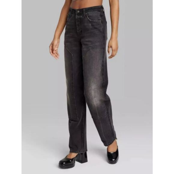 Wild Fable Jeans WMNS 00 Black Denim Easy Rigid High Rise Straight Button Fly - Picture 2 of 11